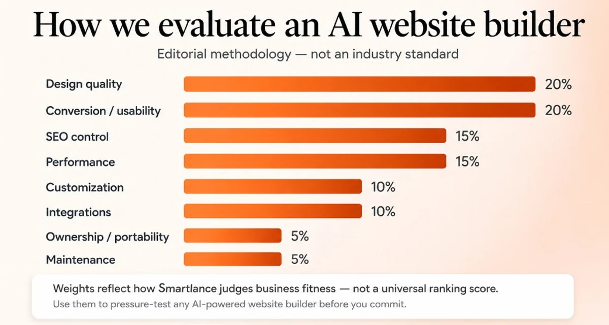 Bar chart of Smartlance editorial evaluation weights for AI website builders