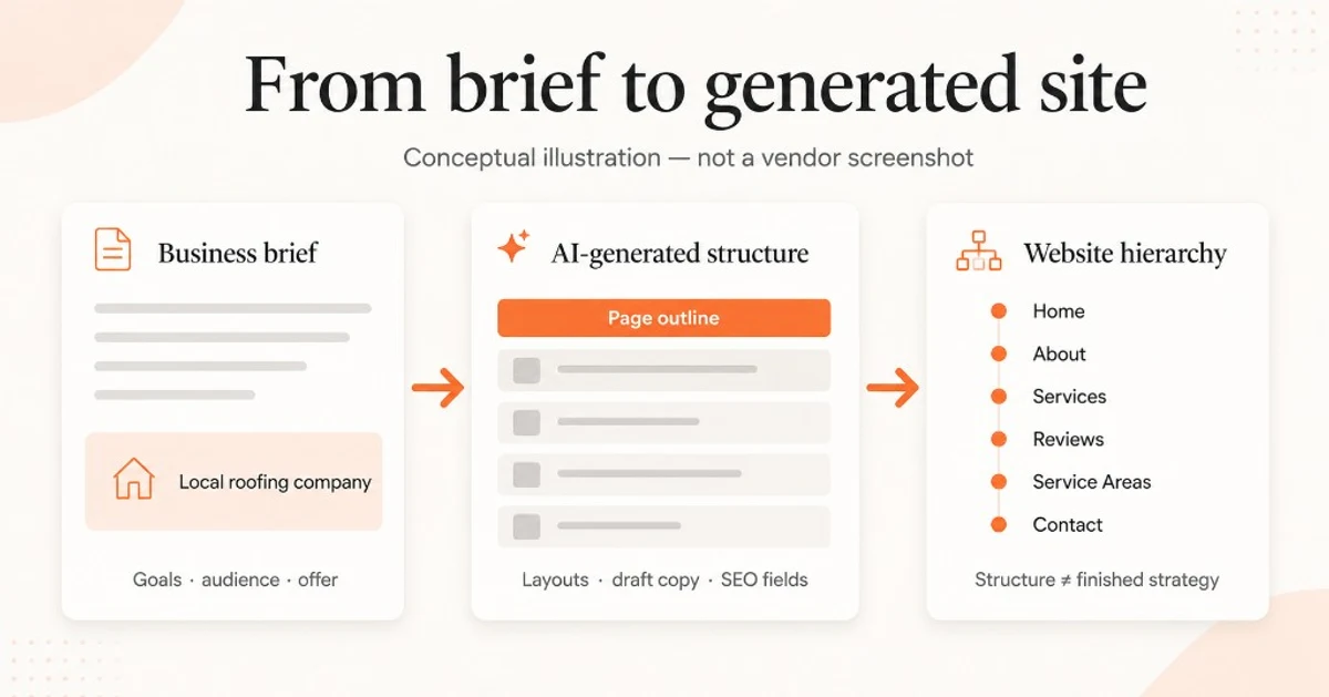 Diagram showing a business brief becoming an AI-generated site structure and website hierarchy