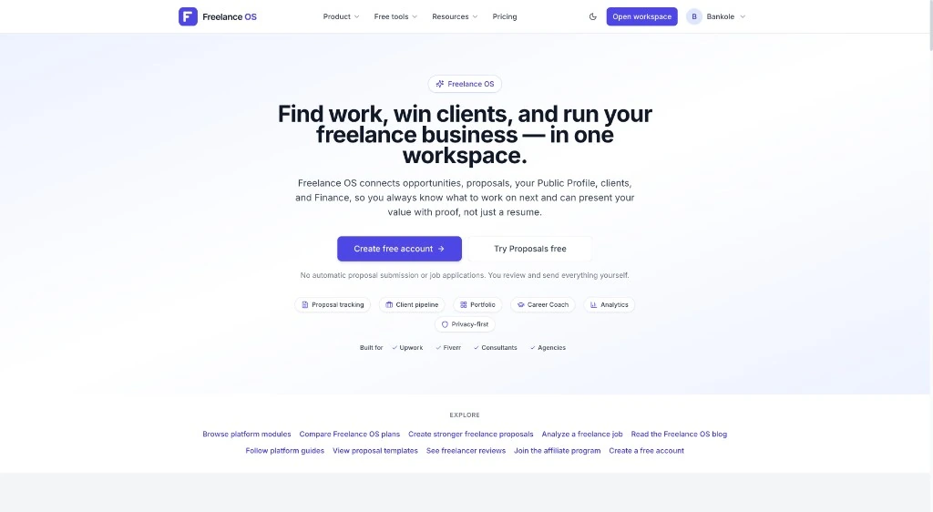 Freelance OS marketing homepage on desktop