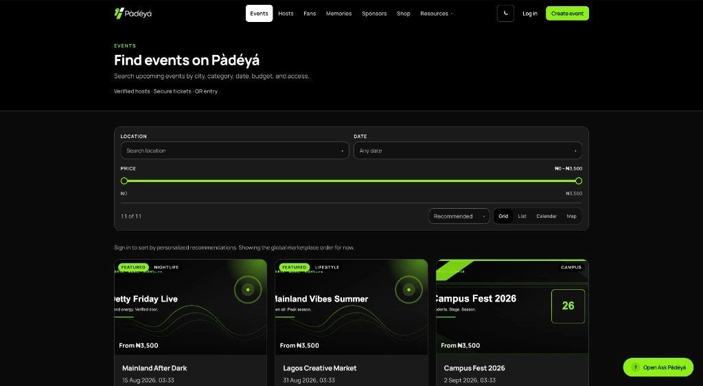 Pàdéyá events search and marketplace page