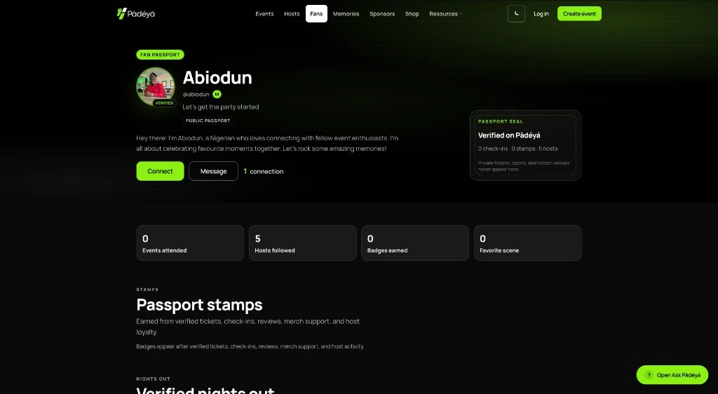Pàdéyá Fan Passport public profile page
