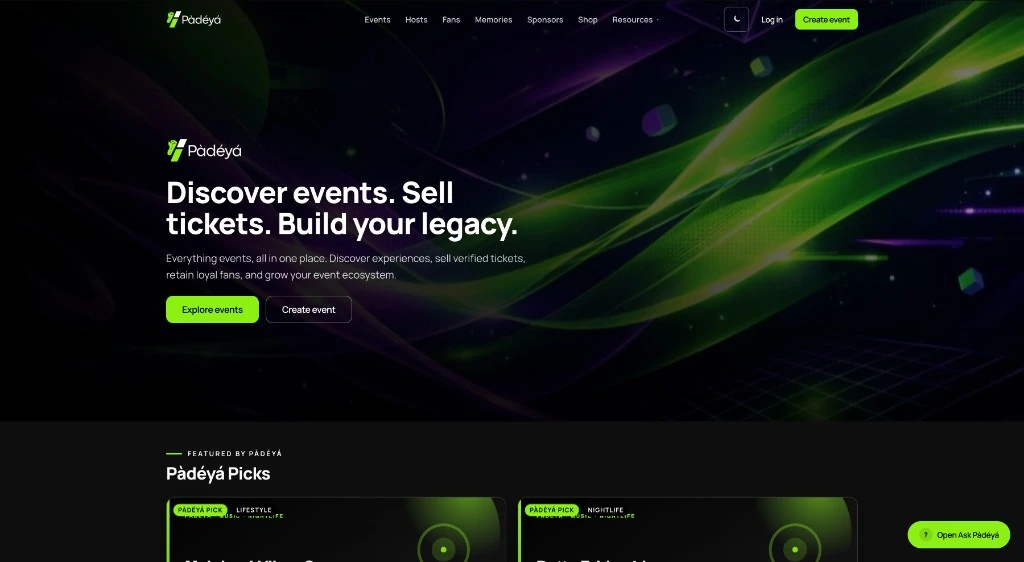 Pàdéyá event platform homepage on desktop