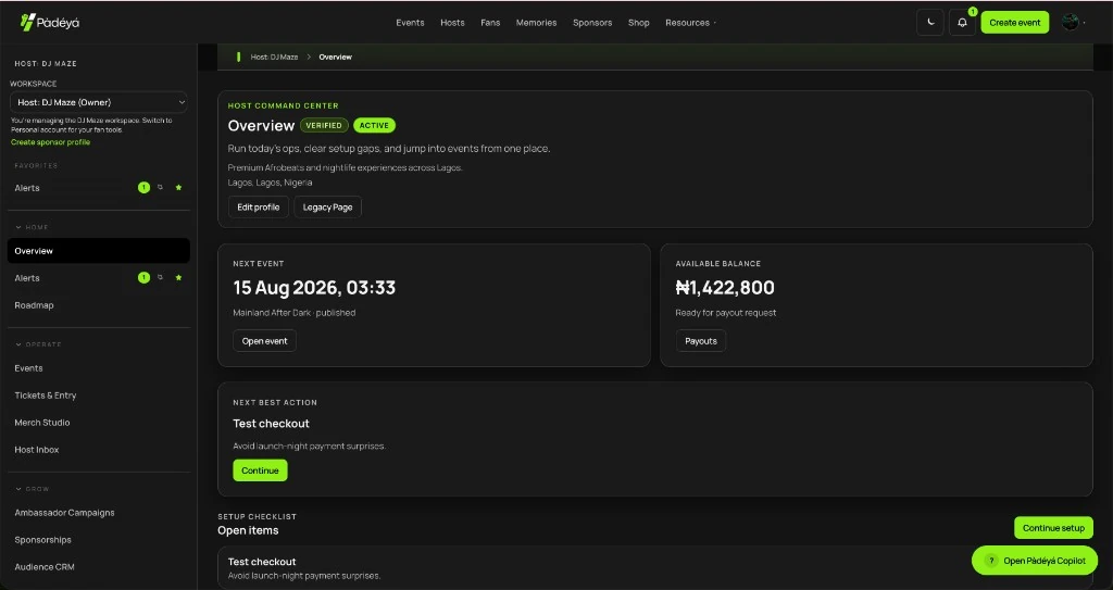 Pàdéyá host command center overview dashboard