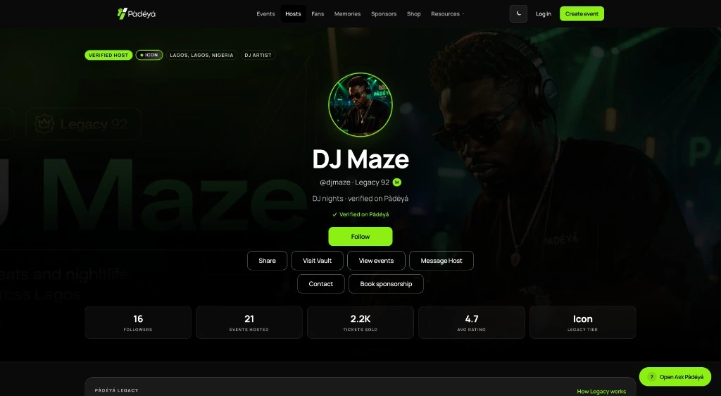Pàdéyá Host Legacy profile page for DJ Maze